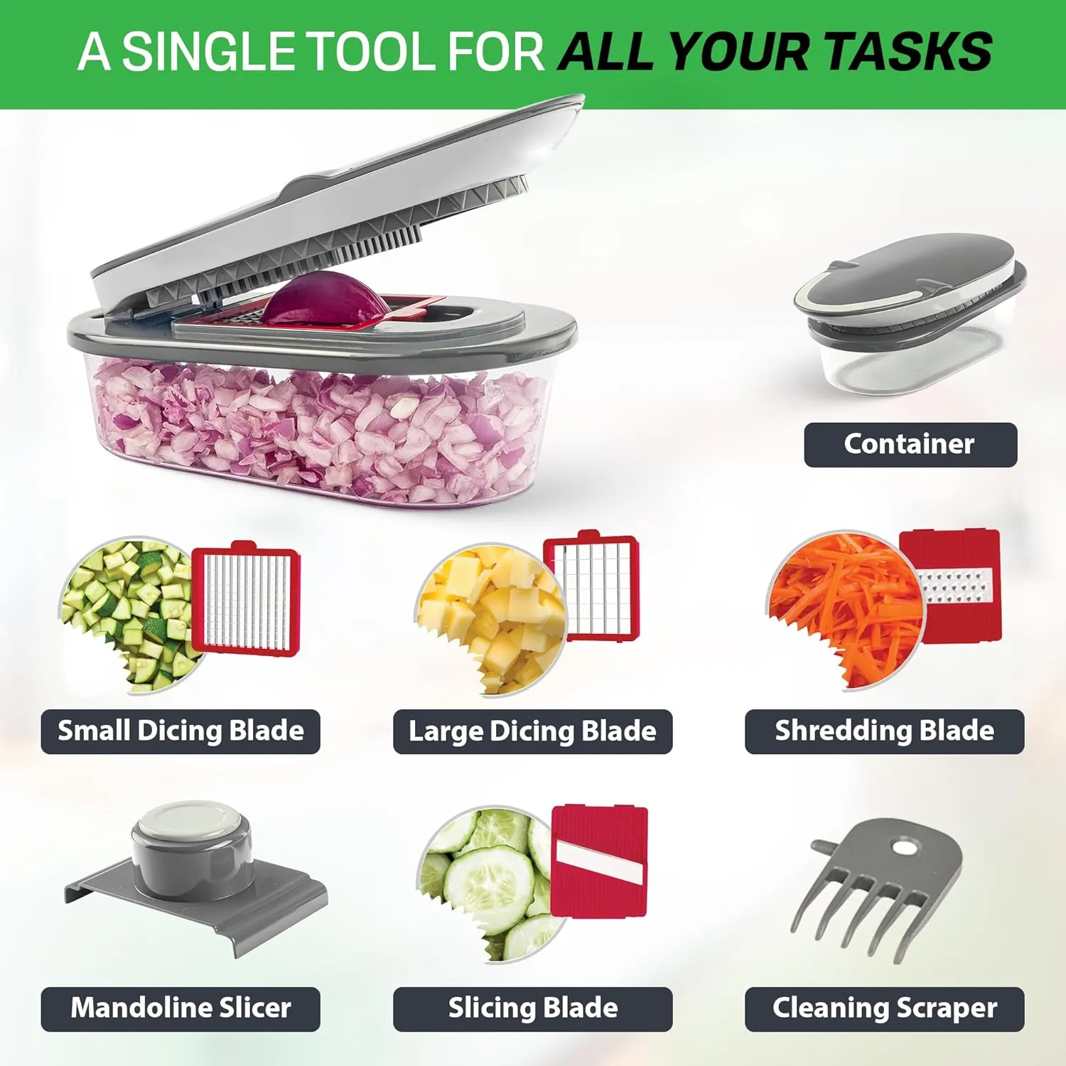 Chopzilla All-in-1 Vegetable Chopper & Mandoline Slicer with Container, 4 Blades & Scraper – Sharp Veggie Cutter, Salad Dicer & Food Chopper