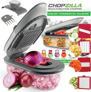 Chopzilla All-in-1 Vegetable Chopper & Mandoline Slicer with Container, 4 Blades & Scraper – Sharp Veggie Cutter, Salad Dicer & Food Chopper