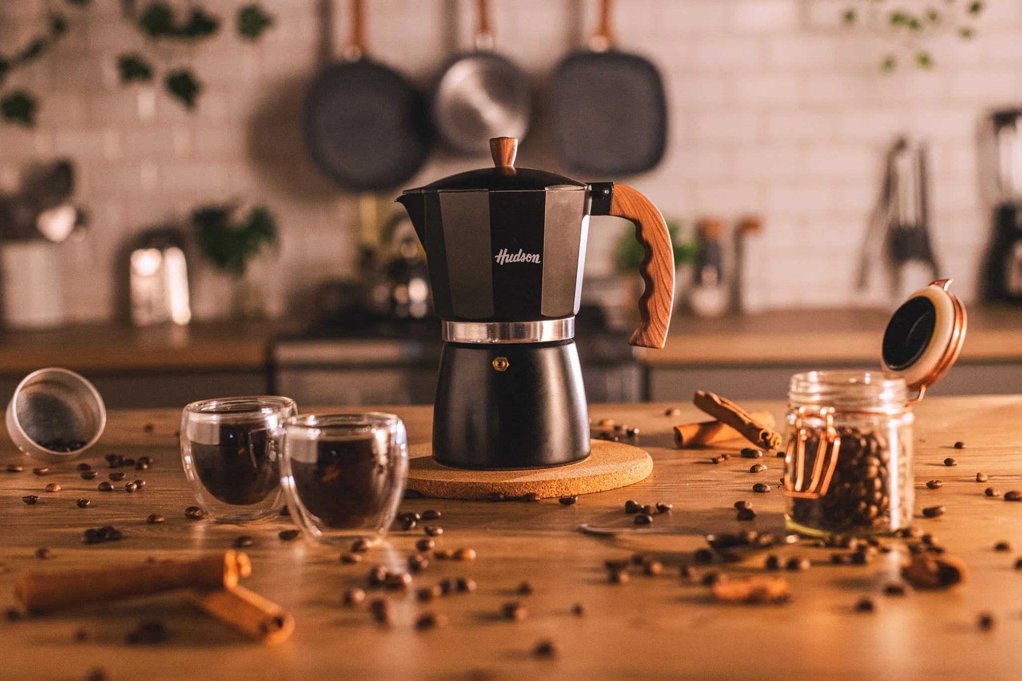 HUDSON Classic Stovetop Espresso Maker Italian Style 6 Cups Black