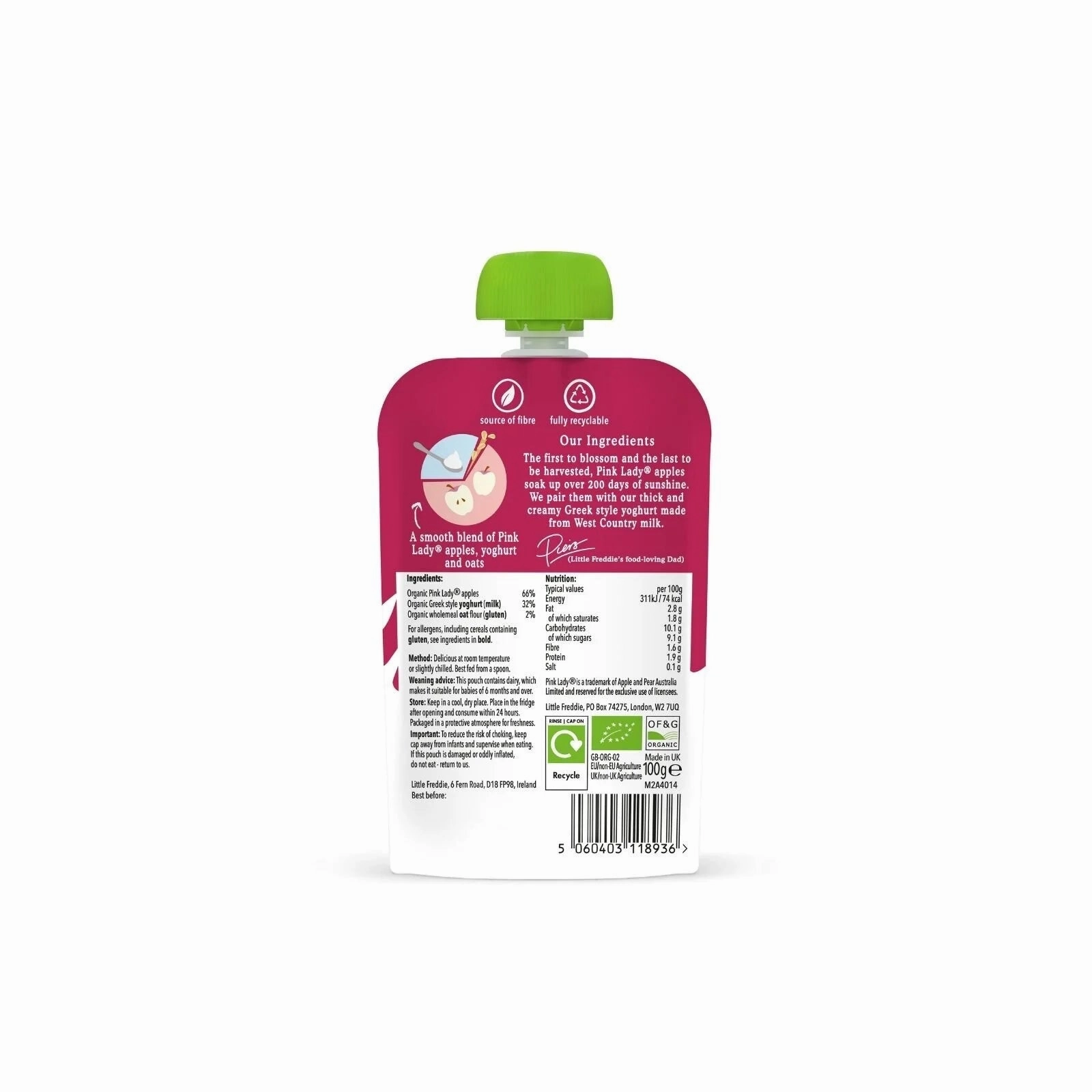 Little Freddie Organic Creamy Pink Lady Apple Greek Style Yoghurt 6  months 100g