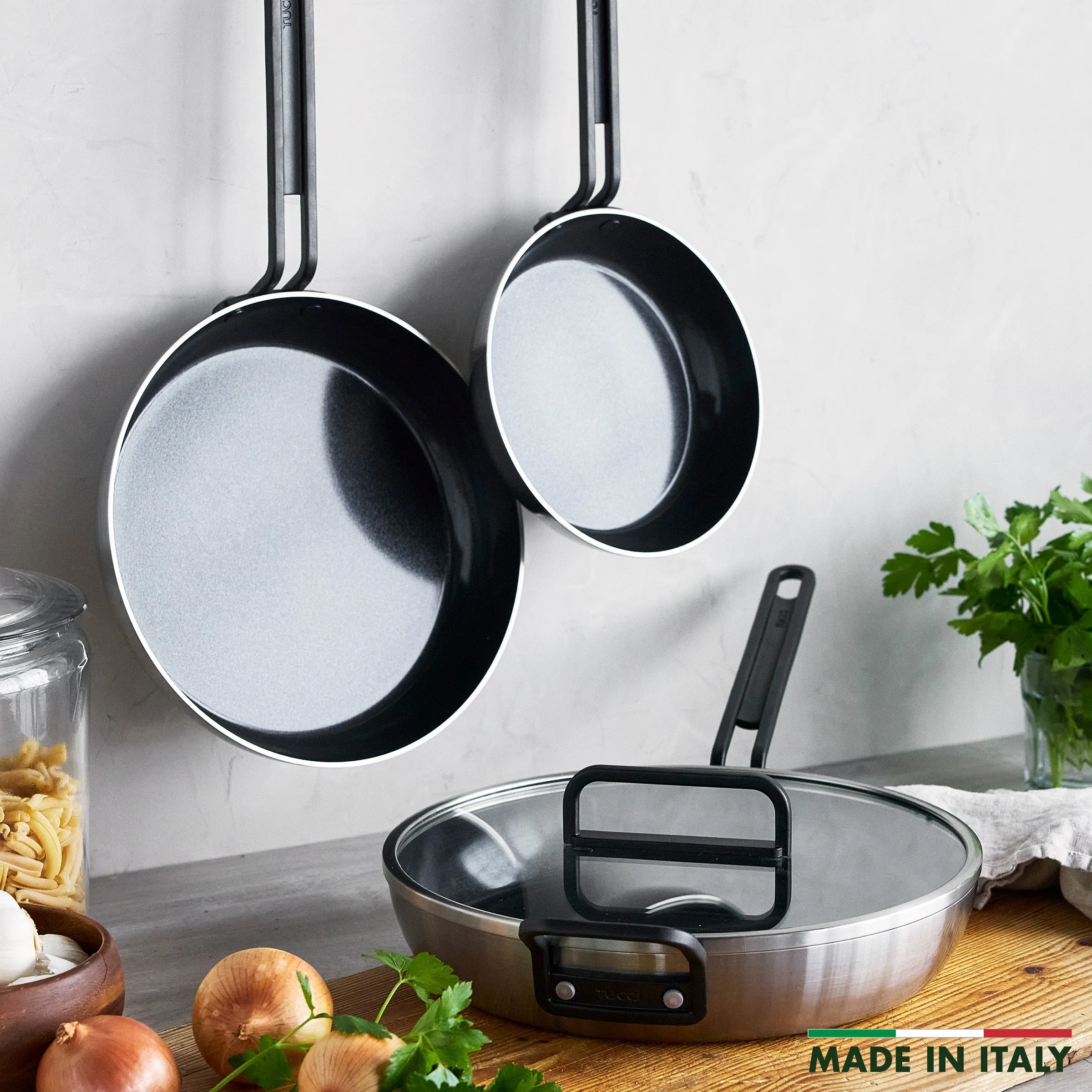 Stanley Tucci™ Stainless Steel Ceramic Nonstick 4-Piece Frypan Set with The Tucci Cookbook | Black Handles